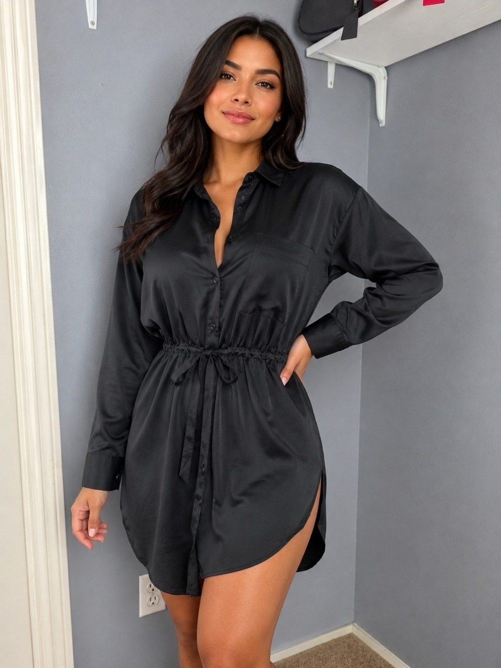 Zara Black Satin Drawstring Mini Shirt Dress